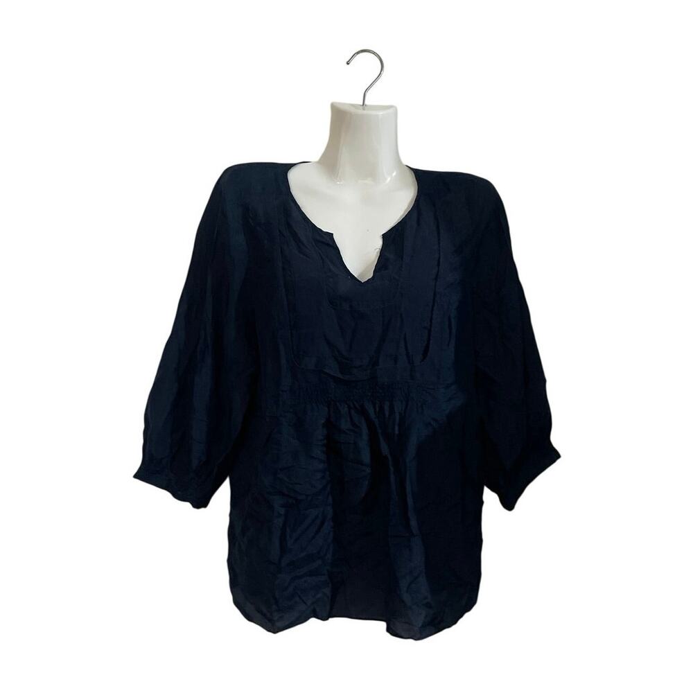 Vince Navy Blue Silk Popover Blouse SZ S 3/4 Sleeves Pockets Quiet Luxury